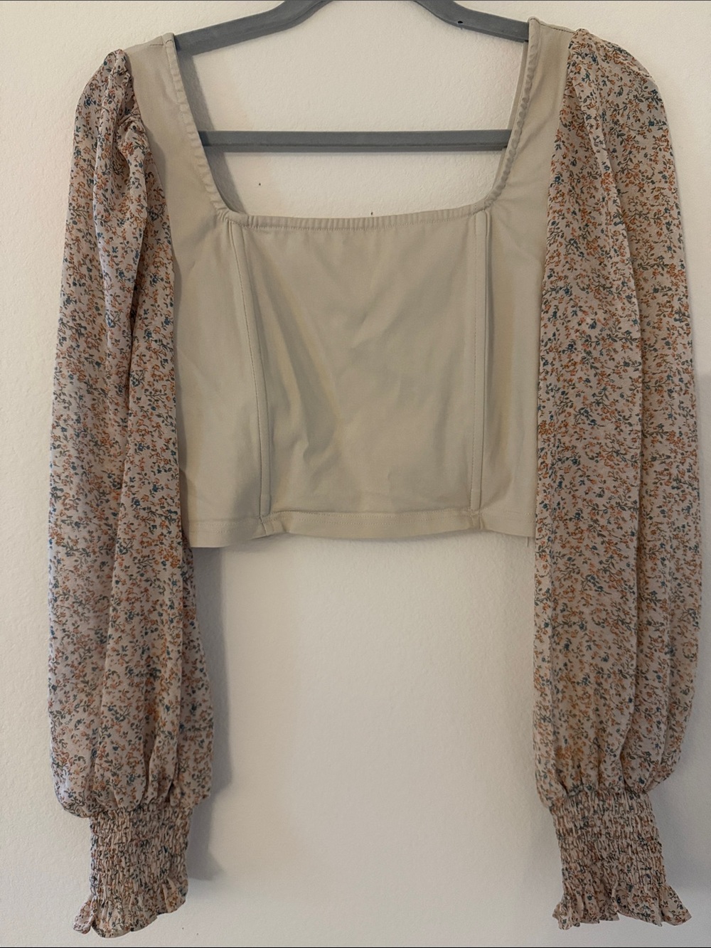 Lush Cream Square-Neck Floral Puff Sleeve Crop Top